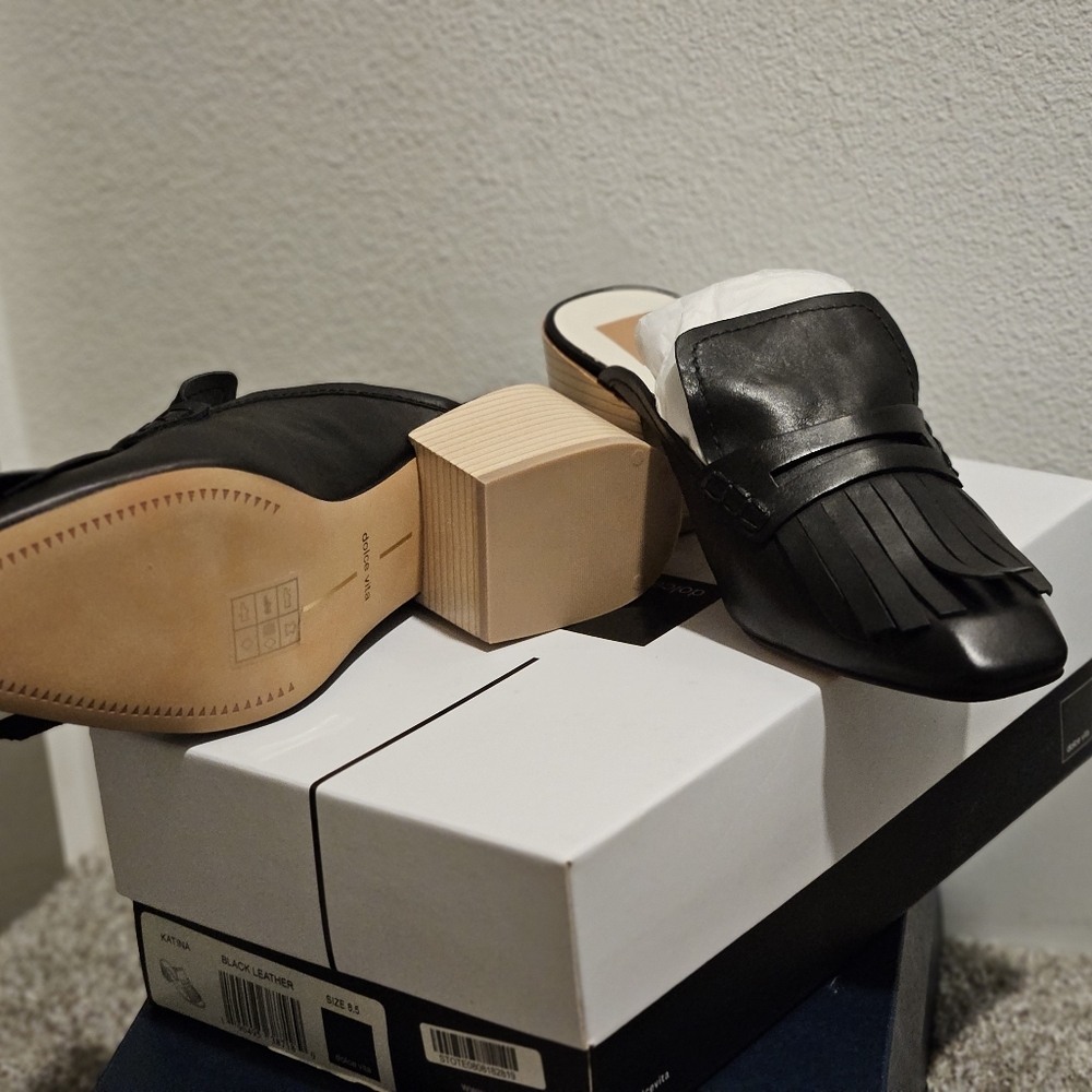 Black Leather Fringe Mules